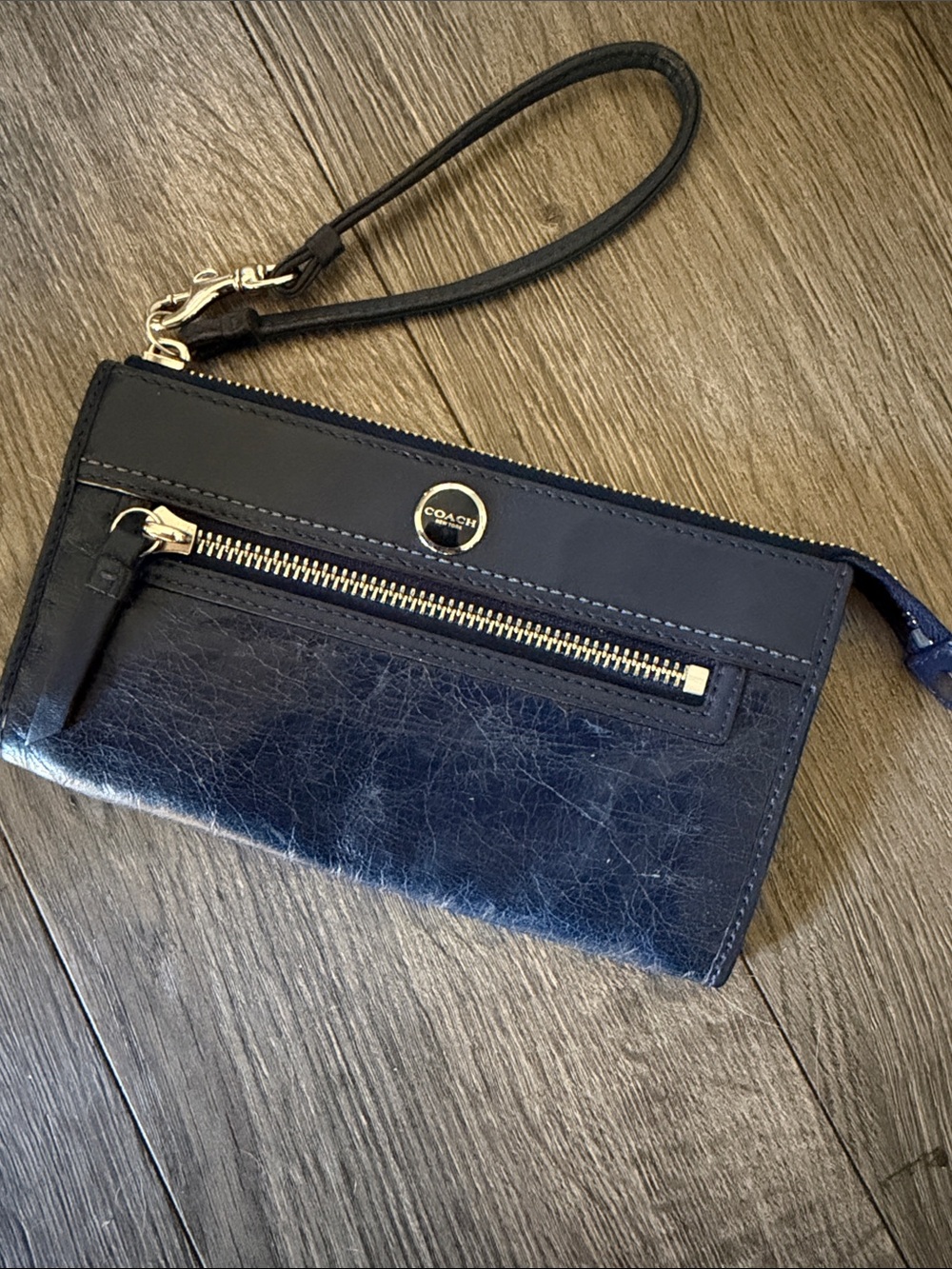Coach Legacy Slim Zip Wristlet Wallet in rich cobalt blue/navy leather